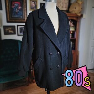 Vintage 80s Herman Kay Black Wool Blend Coat Double Breasted Blazer Style Jacket